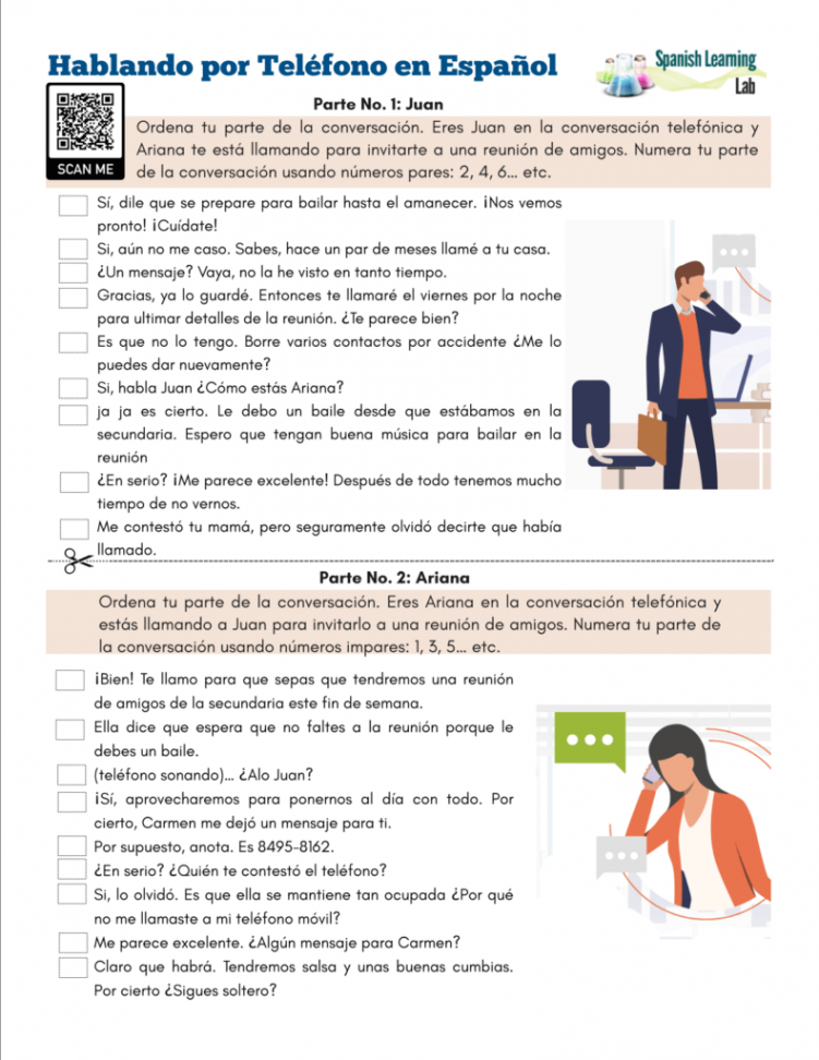 Having a phone conversation in Spanish - PDF Worksheet - Spanish