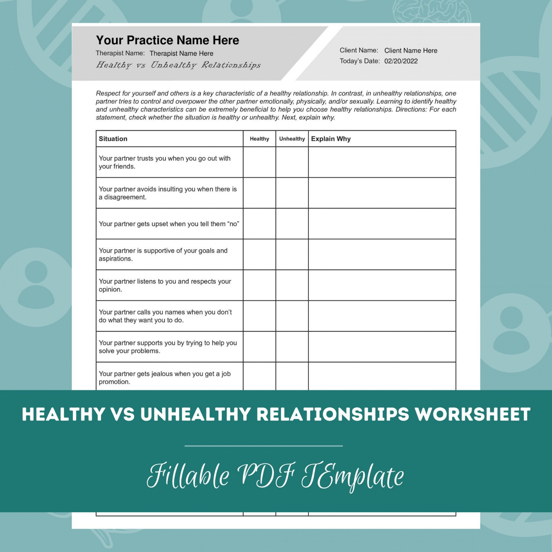 Healthy Vs Unhealthy Relationships Worksheet Editable / Fillable