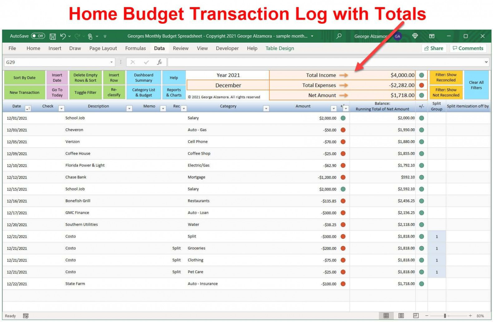 Home Budgeting Income and Expenses Worksheet in Excel Spreadsheet