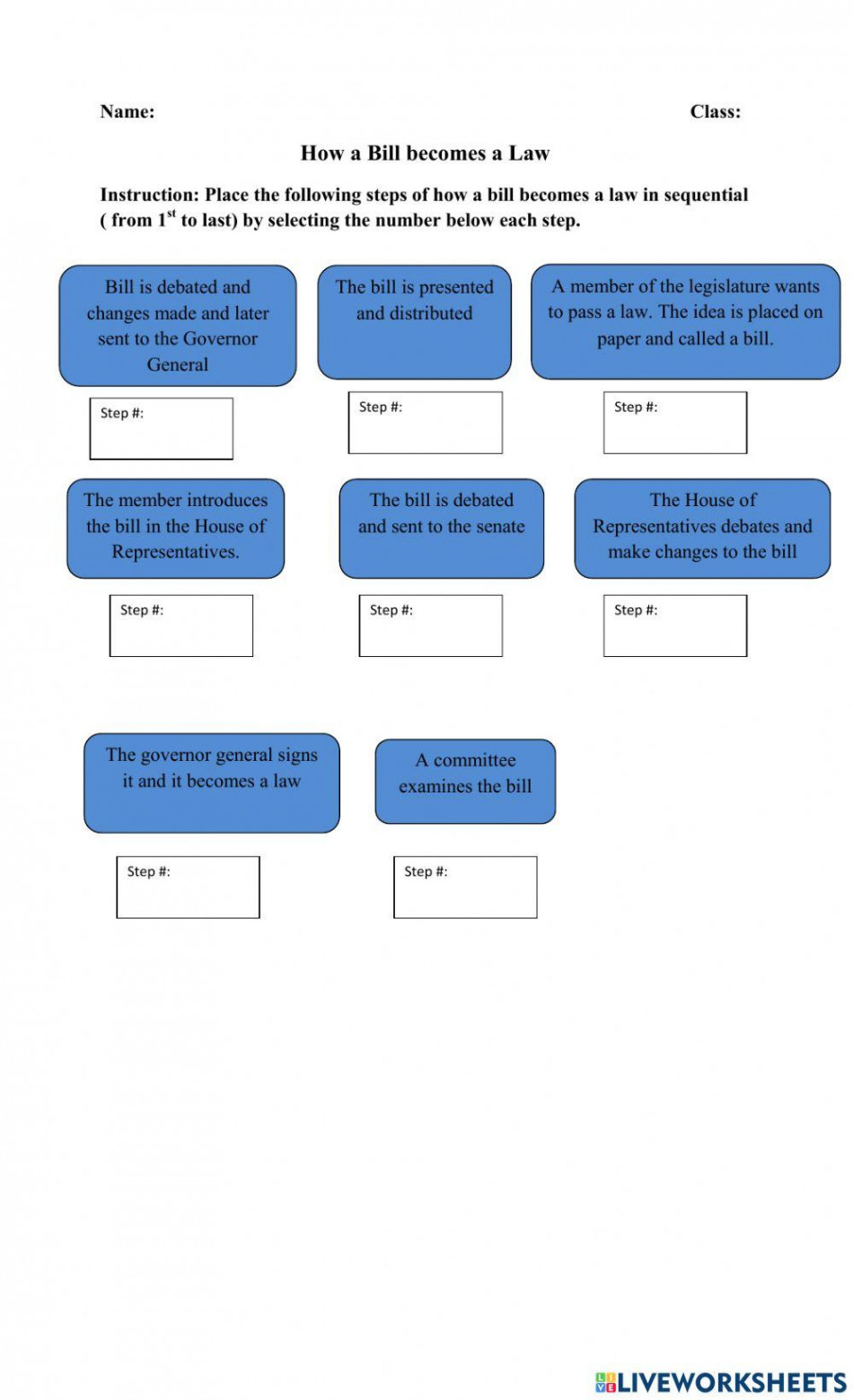 How a Bill becomes a law Worksheet worksheet  Live Worksheets