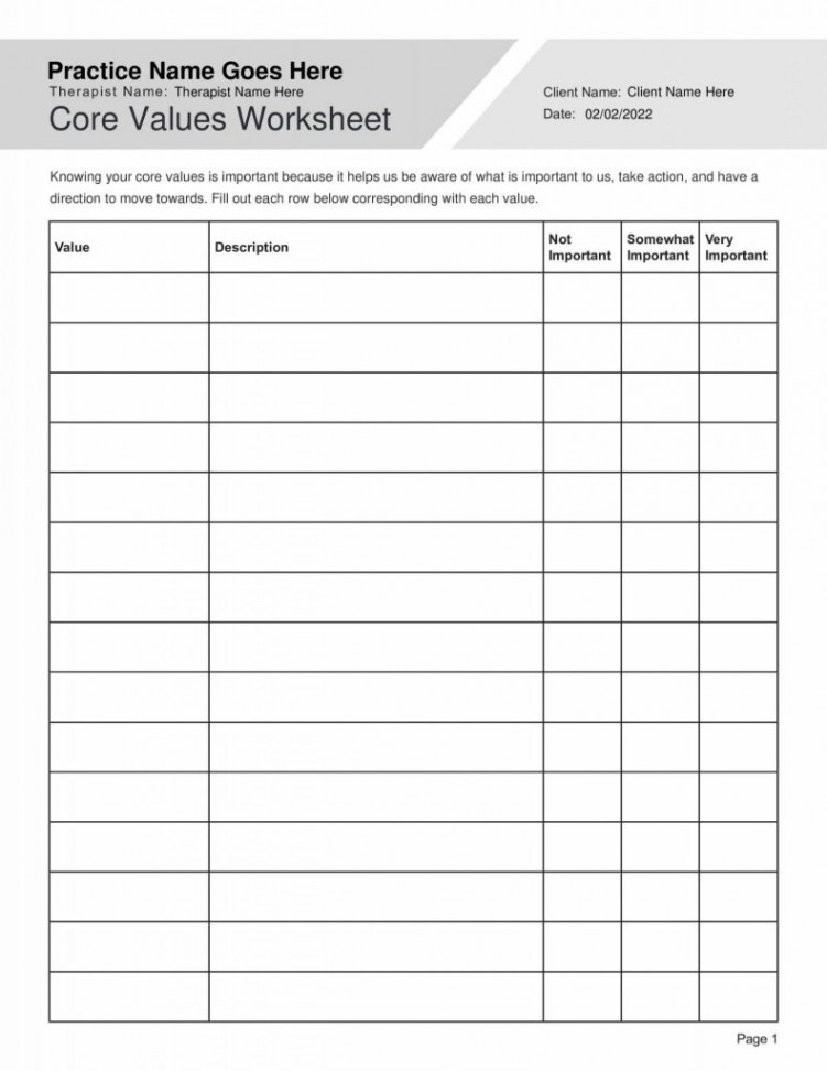 Identifying Core Values Worksheet PDF - TherapyByPro