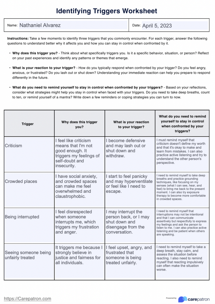 Identifying Triggers Worksheet & Example  Free PDF Download