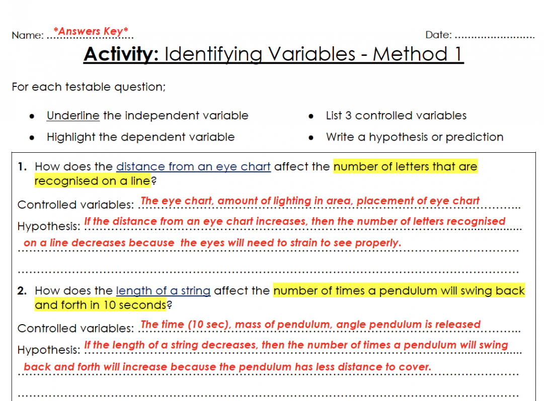 Identifying Variables Worksheet & Answers  Teaching Resources