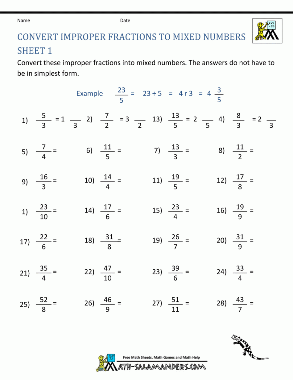 Improper Fraction Worksheets