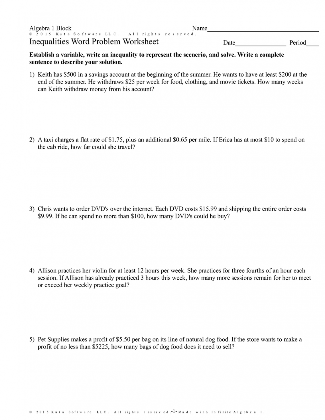 Inequality word problems - ©C T  b  y  V  a lK_uQtNaR LSco