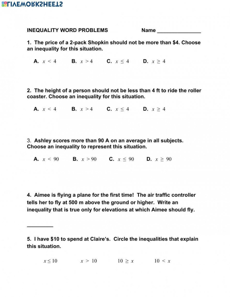 Inequality Word Problems worksheet  Live Worksheets