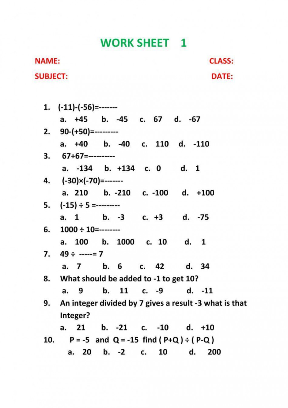 Integer worksheet for Grade   Live Worksheets