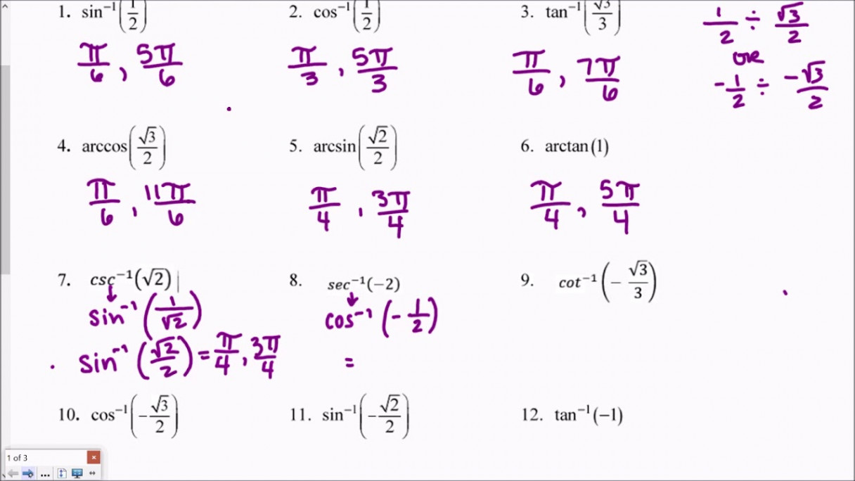 Inverse Trig Functions Worksheet VIDEO KEY