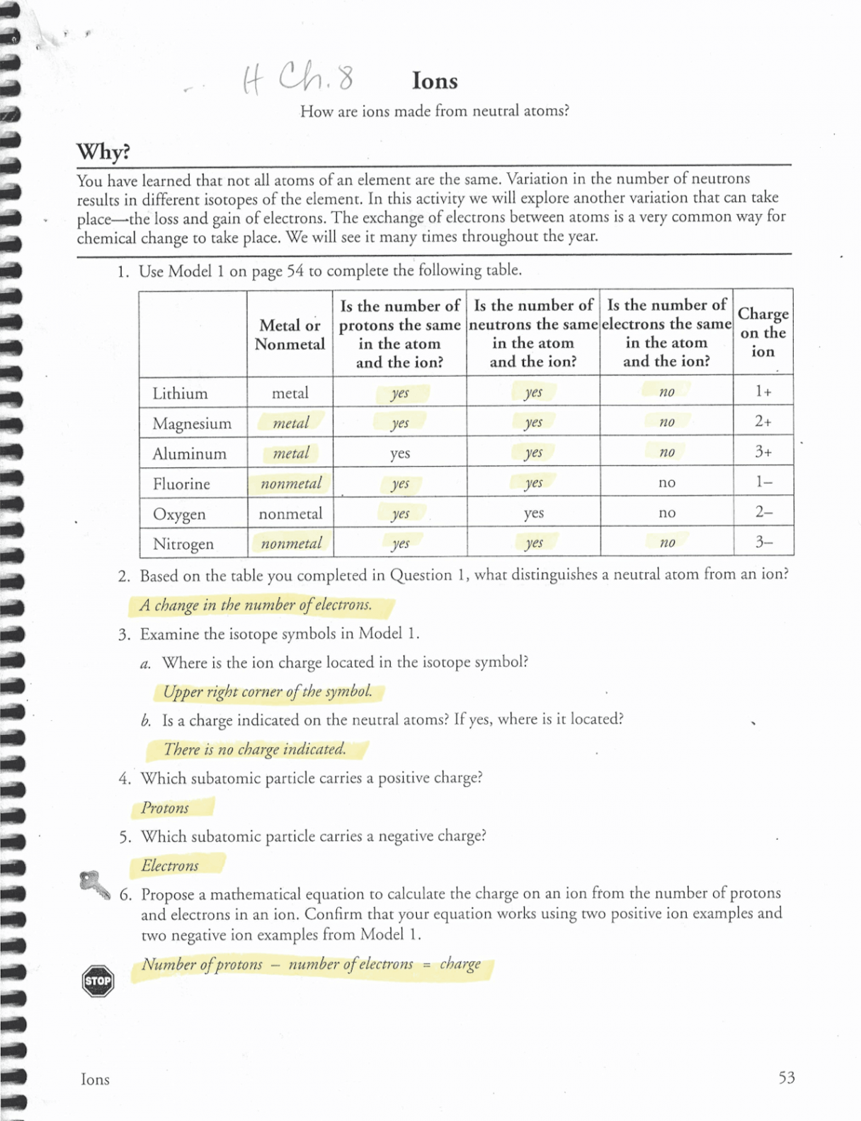 Ions and Ionic Compounds Worksheet Key  Exercises Chemistry  Docsity