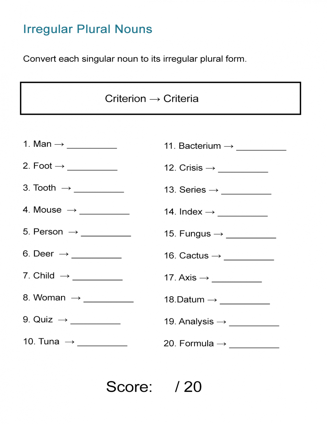 Irregular Plural Nouns Worksheet - ALL ESL