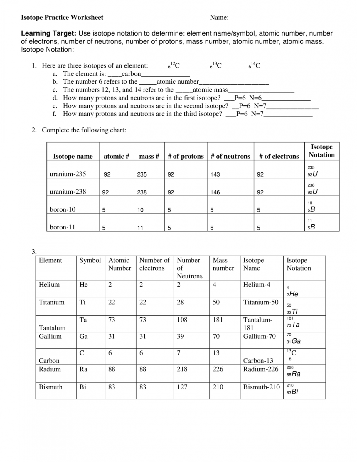 Isotope Practice Worksheet  Lecture notes Chemistry  Docsity