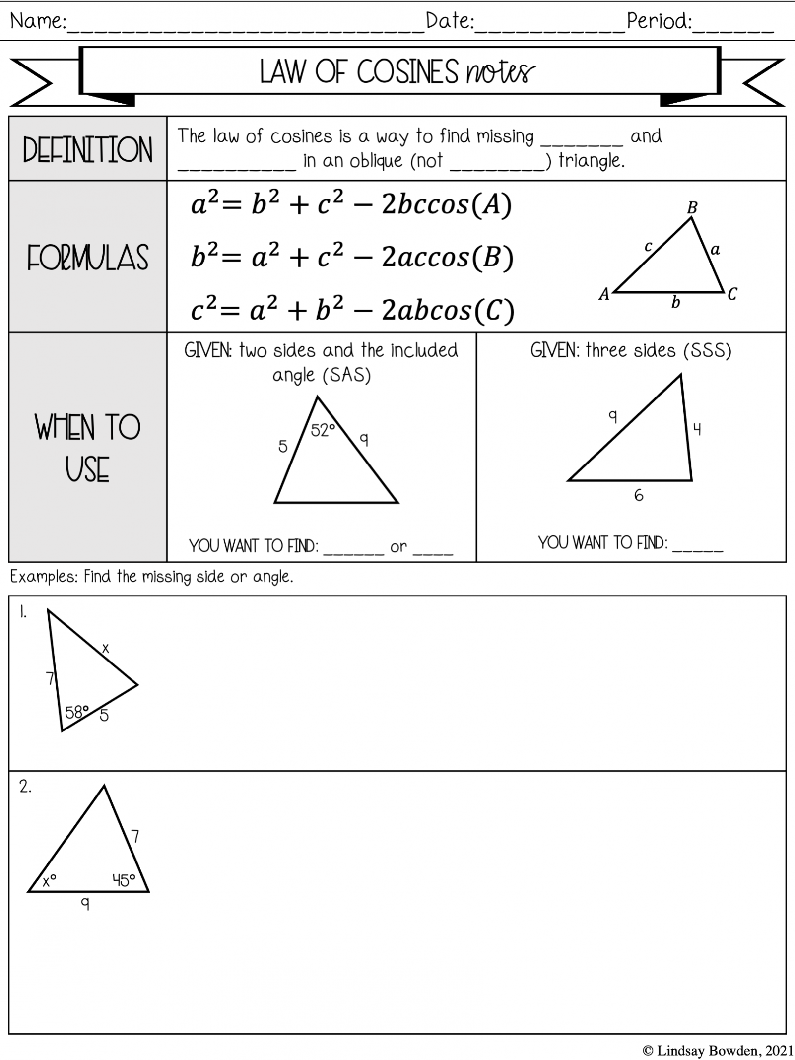 Law of Sines and Cosines Notes and Worksheets - Lindsay Bowden