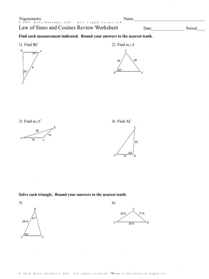 Law of Sines and Cosines Review Worksheet: Find Each Measurement