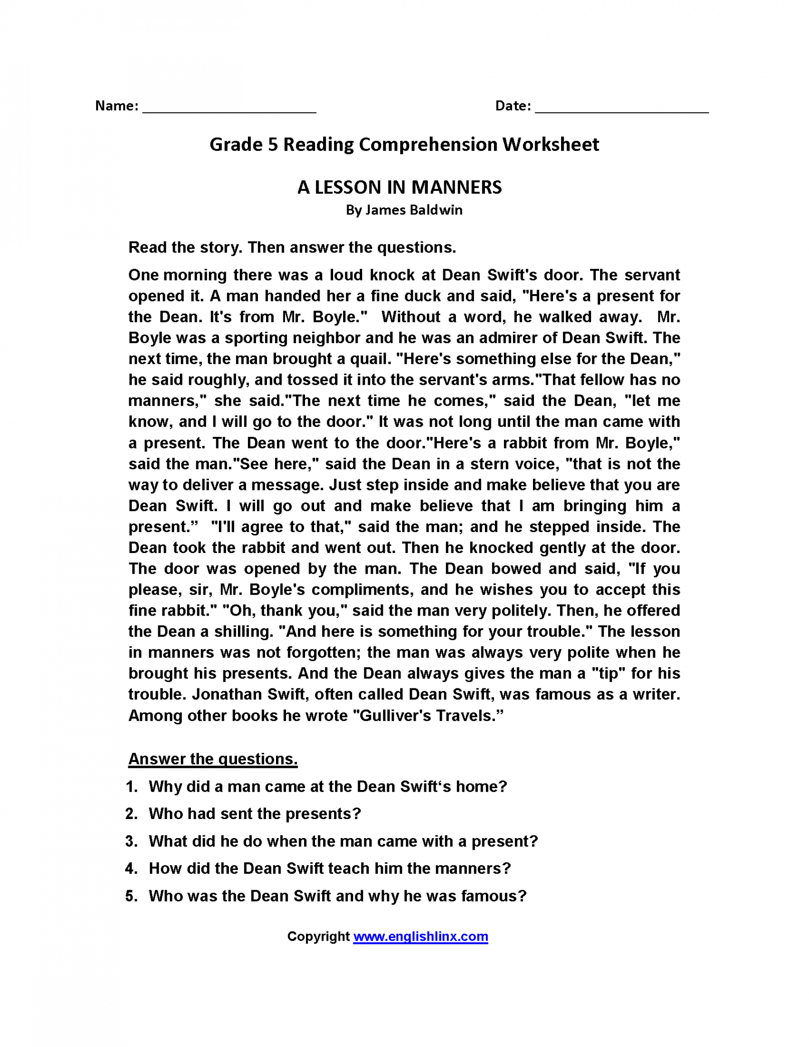 Lesson in Manners Fifth Grade Reading Worksheets  Reading