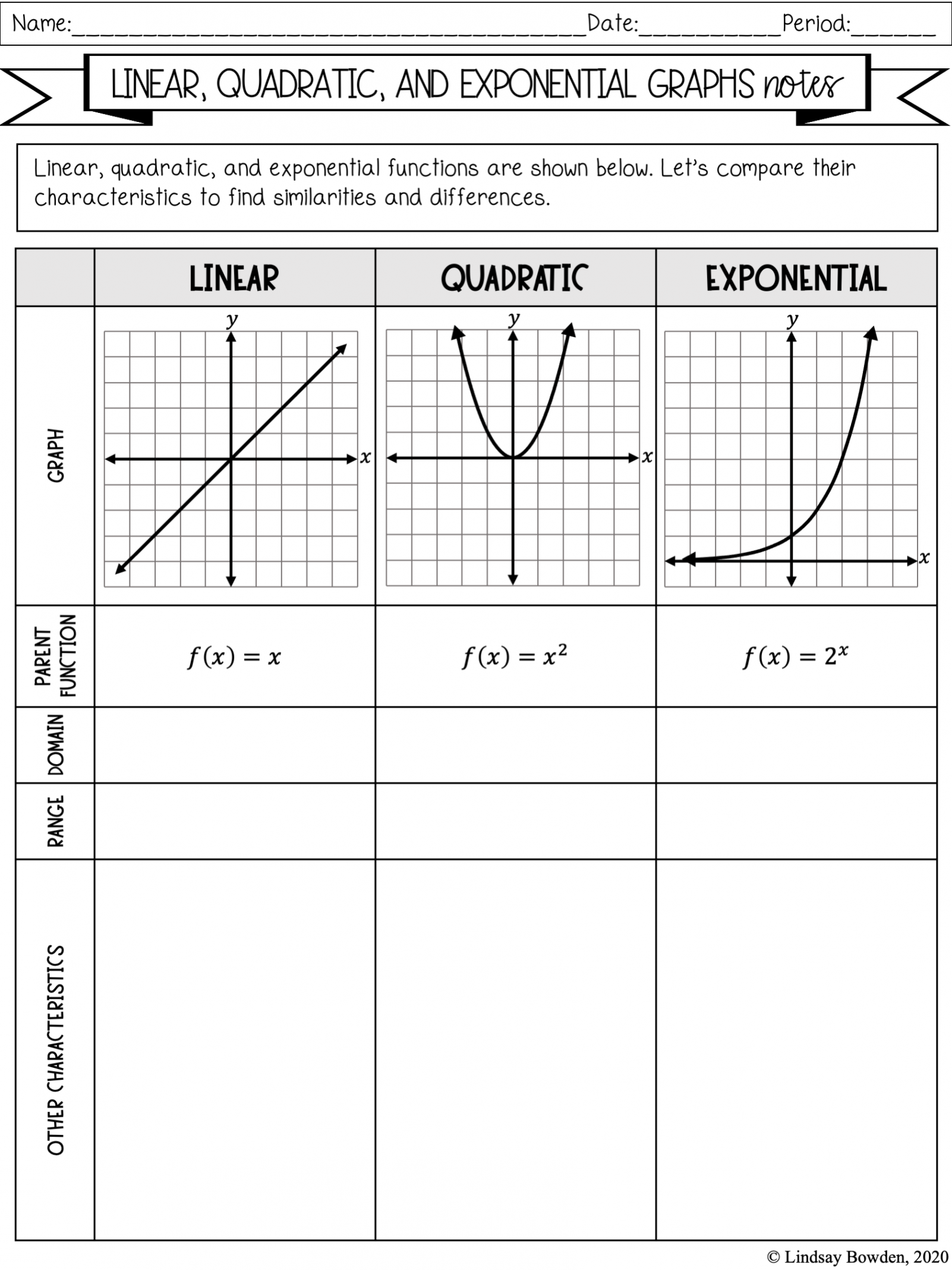 Linear, Quadratic, Exponential Notes and Worksheets - Lindsay Bowden