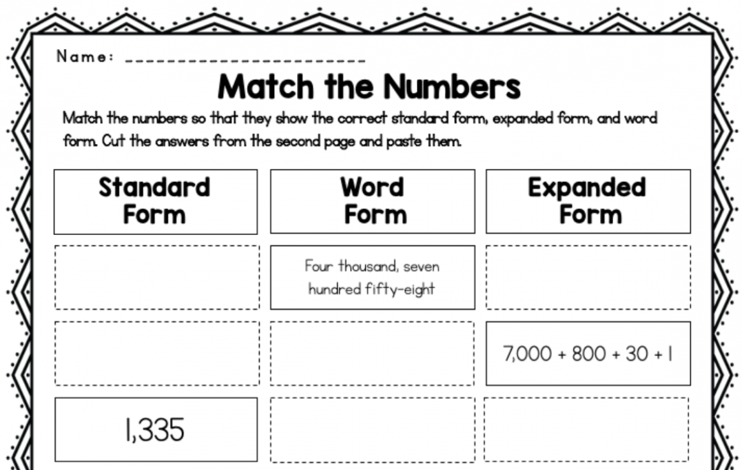 Match the Numbers  Expanded form, Standard form, Word form