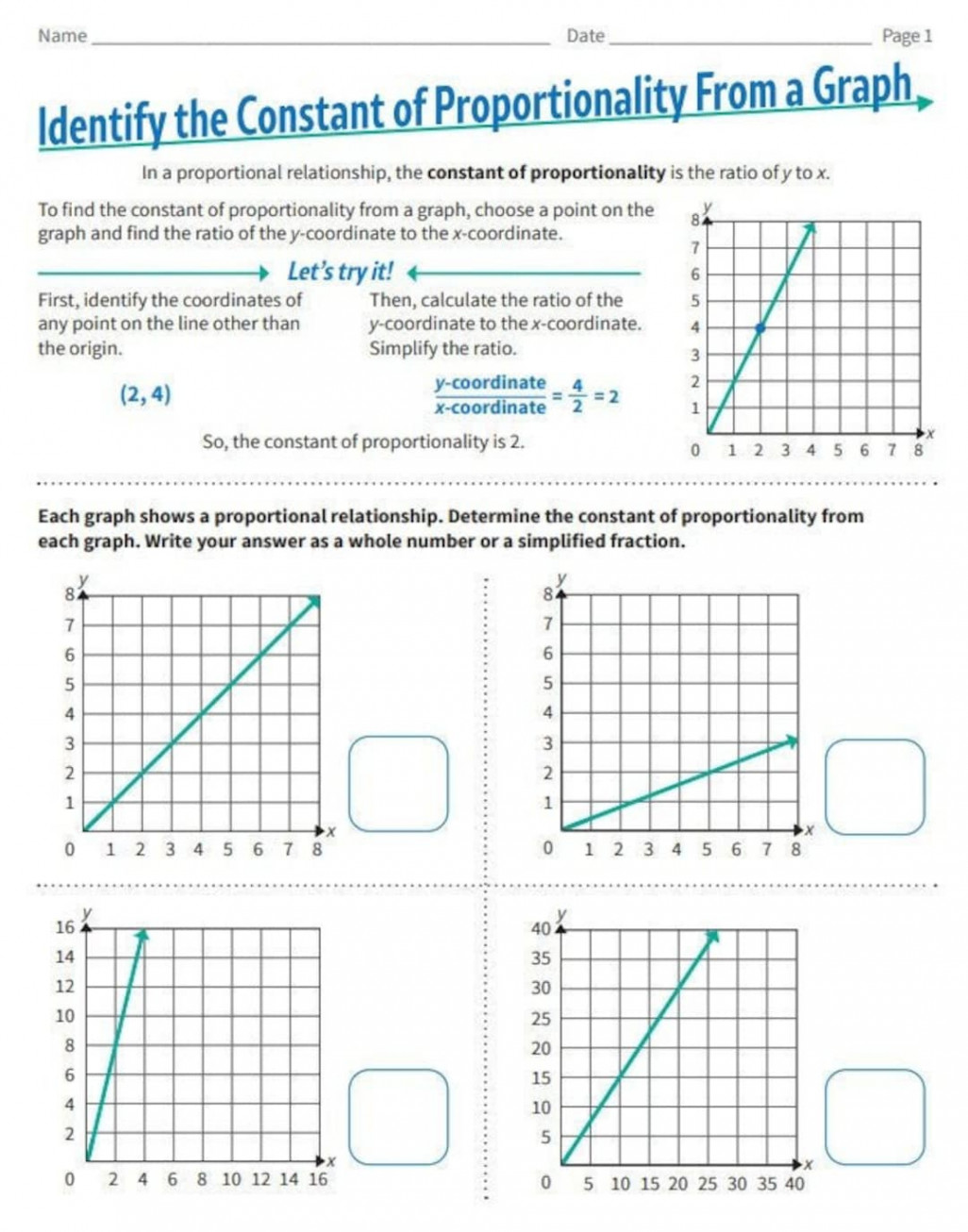 Maths Activity Worksheets Proportional Relationships Graphing