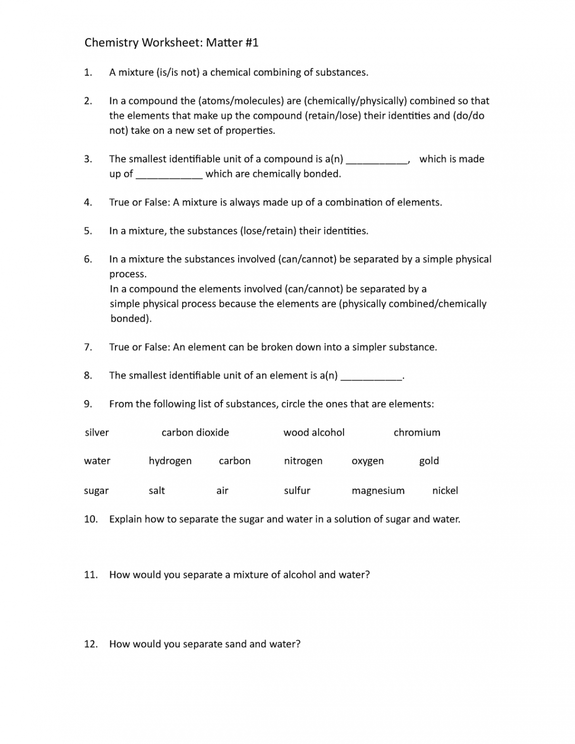 Matter Wkst Cards 202 - Chemistry Worksheet: Matter