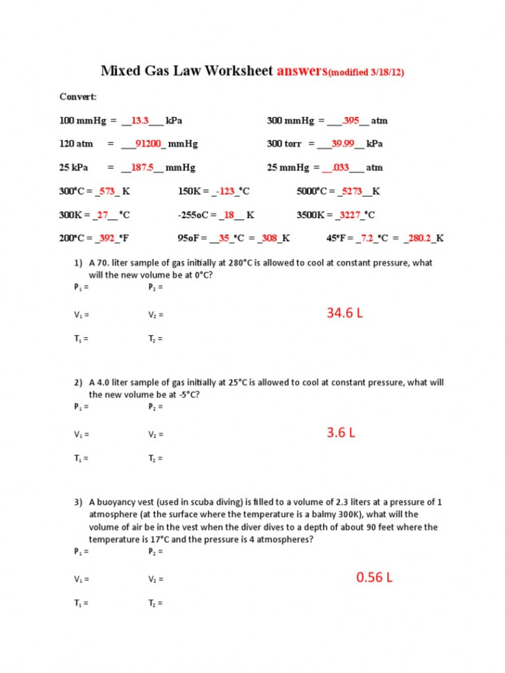 Mixed Gas Law Worksheet Answer  PDF  Pressure  Scuba Diving