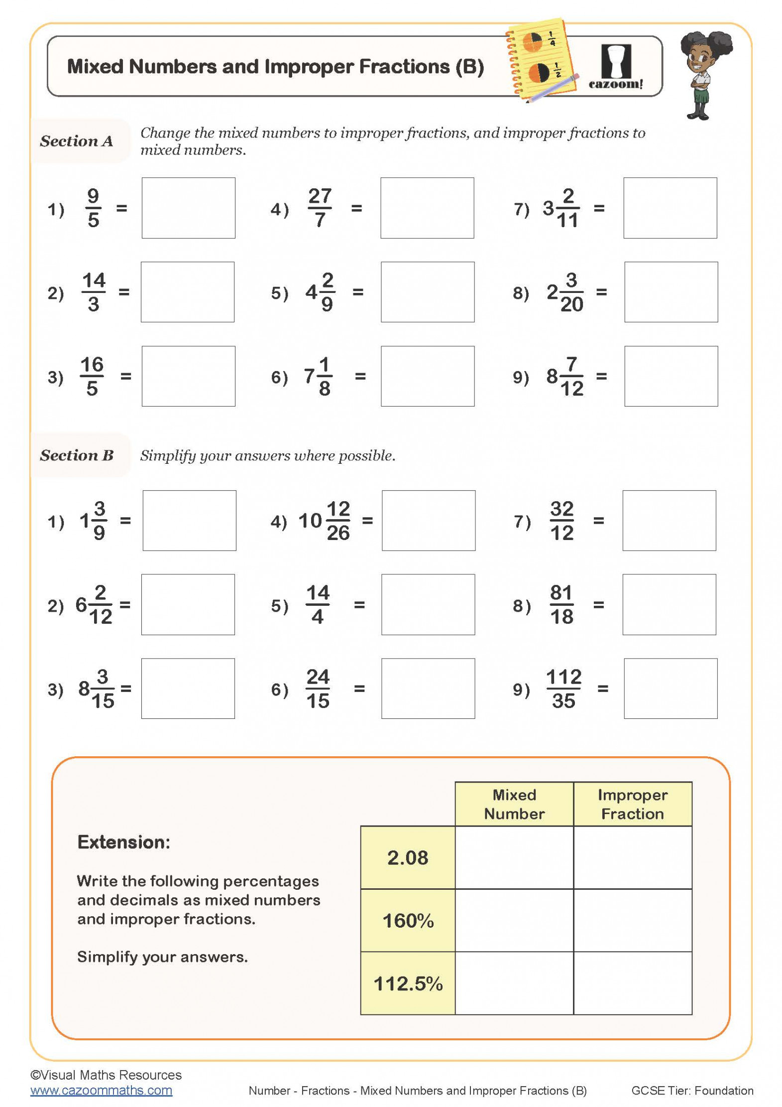 Mixed Numbers and Improper Fractions (B) Worksheet  Fun and