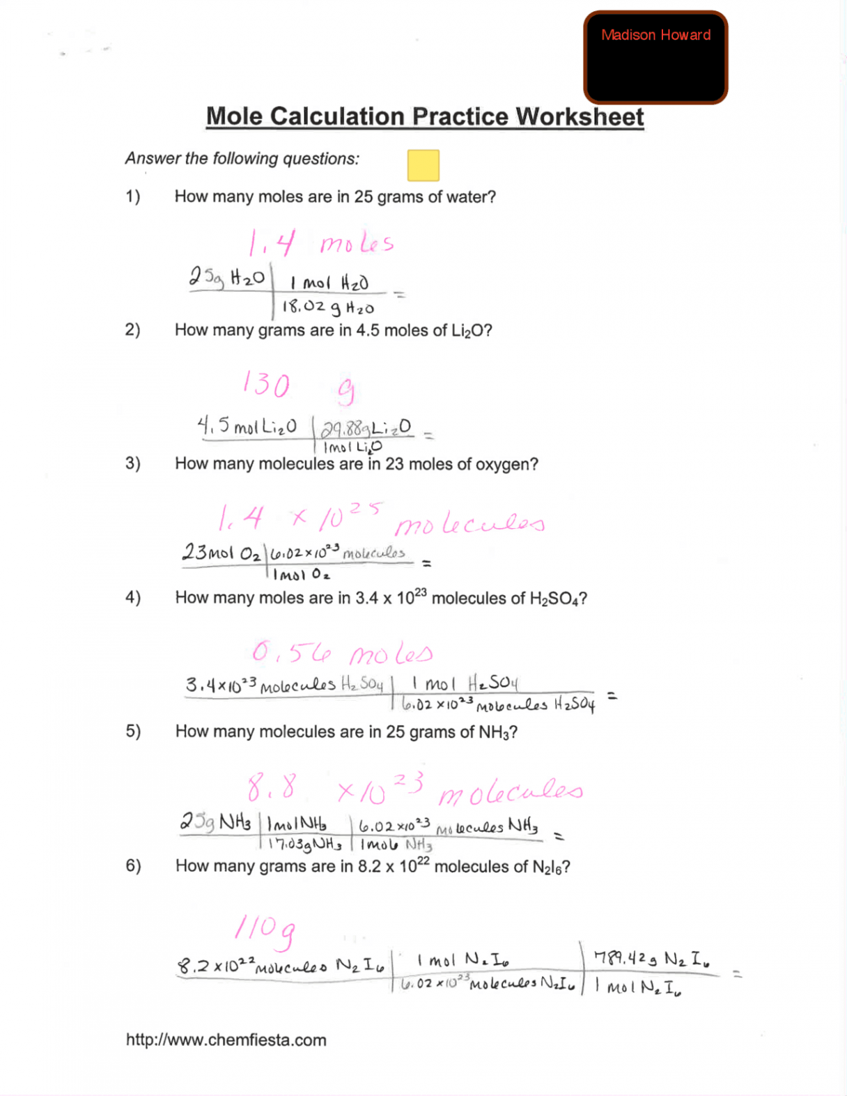 Mole Calculation Part   Assignments Chemistry  Docsity