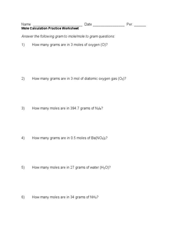 Mole Calculation Practice Worksheet  PDF