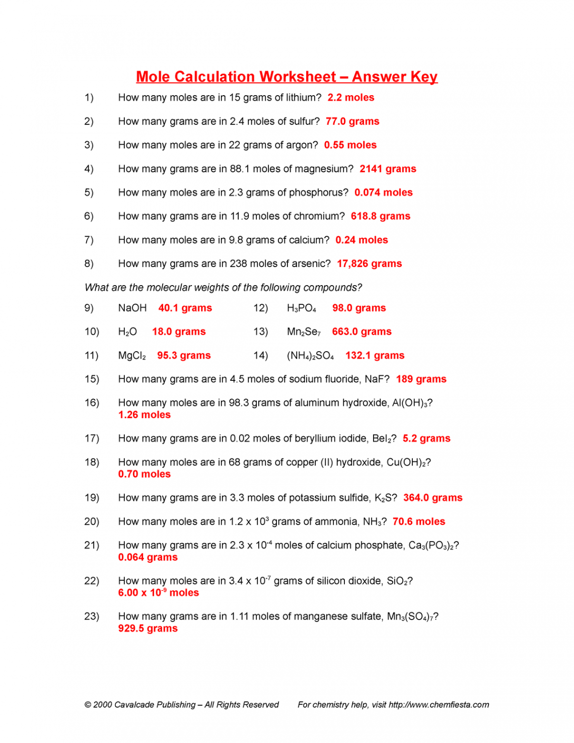 Mole Calculation Worksheet Answers - Mole Calculation Worksheet