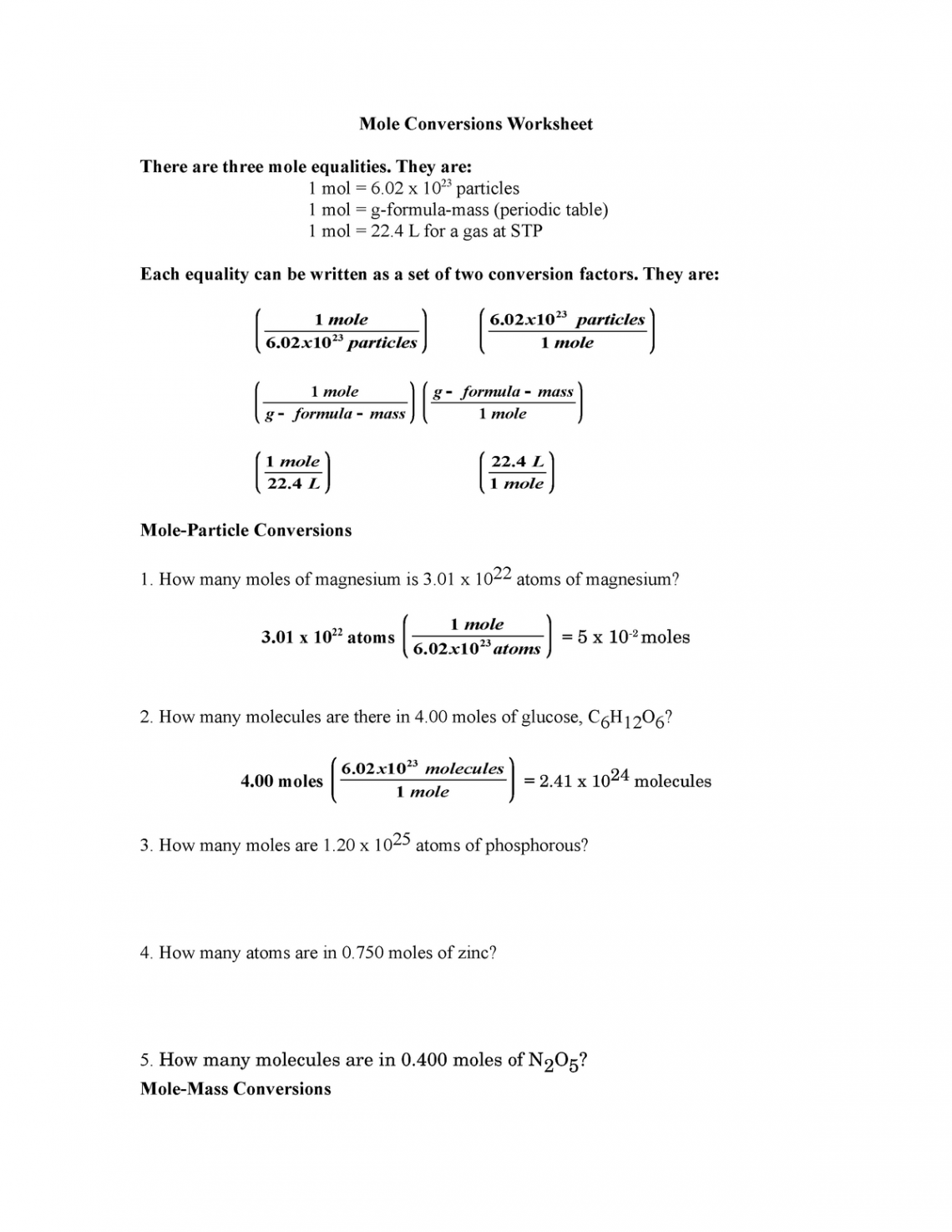 Mole conversions worksheet-answers - Mole Conversions Worksheet