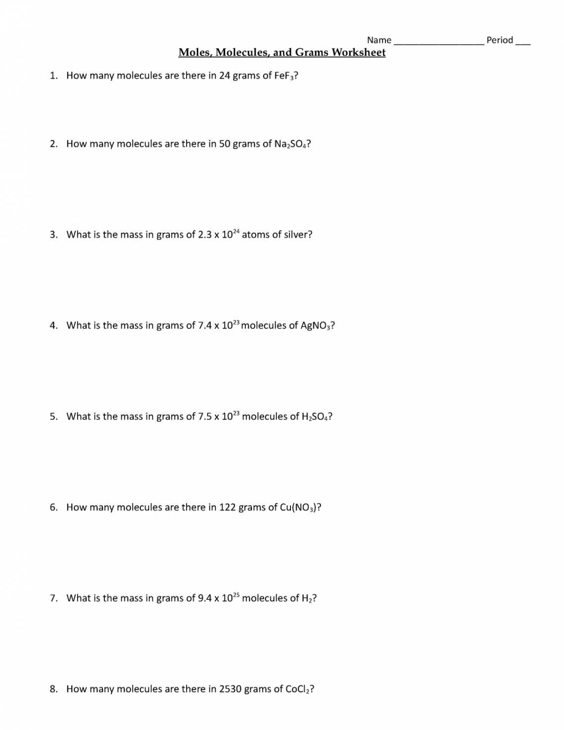 Moles, Molecules, and Grams Worksheet - Studocu