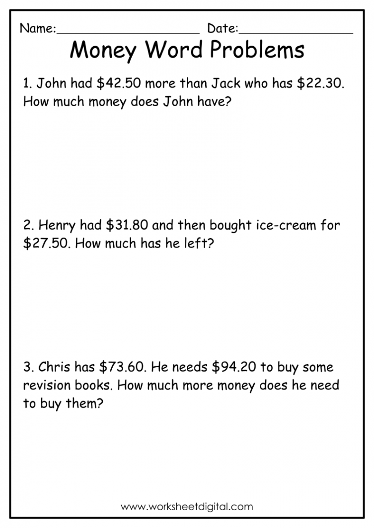 Money Word Problems Grade  - Worksheet Digital