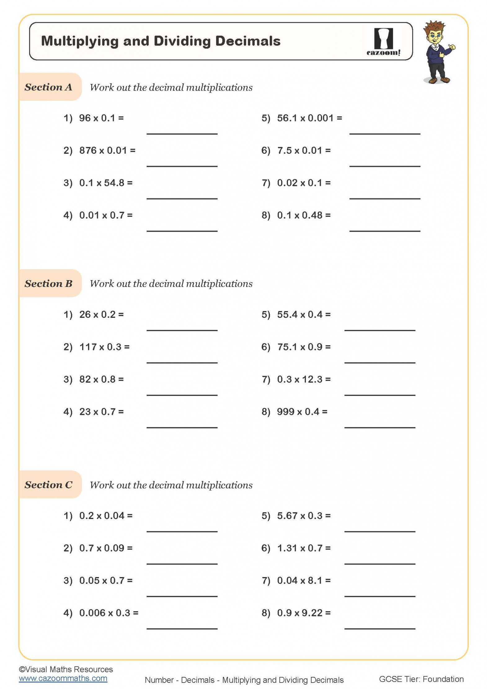 Multiplying and Dividing Decimals  Printable Worksheet