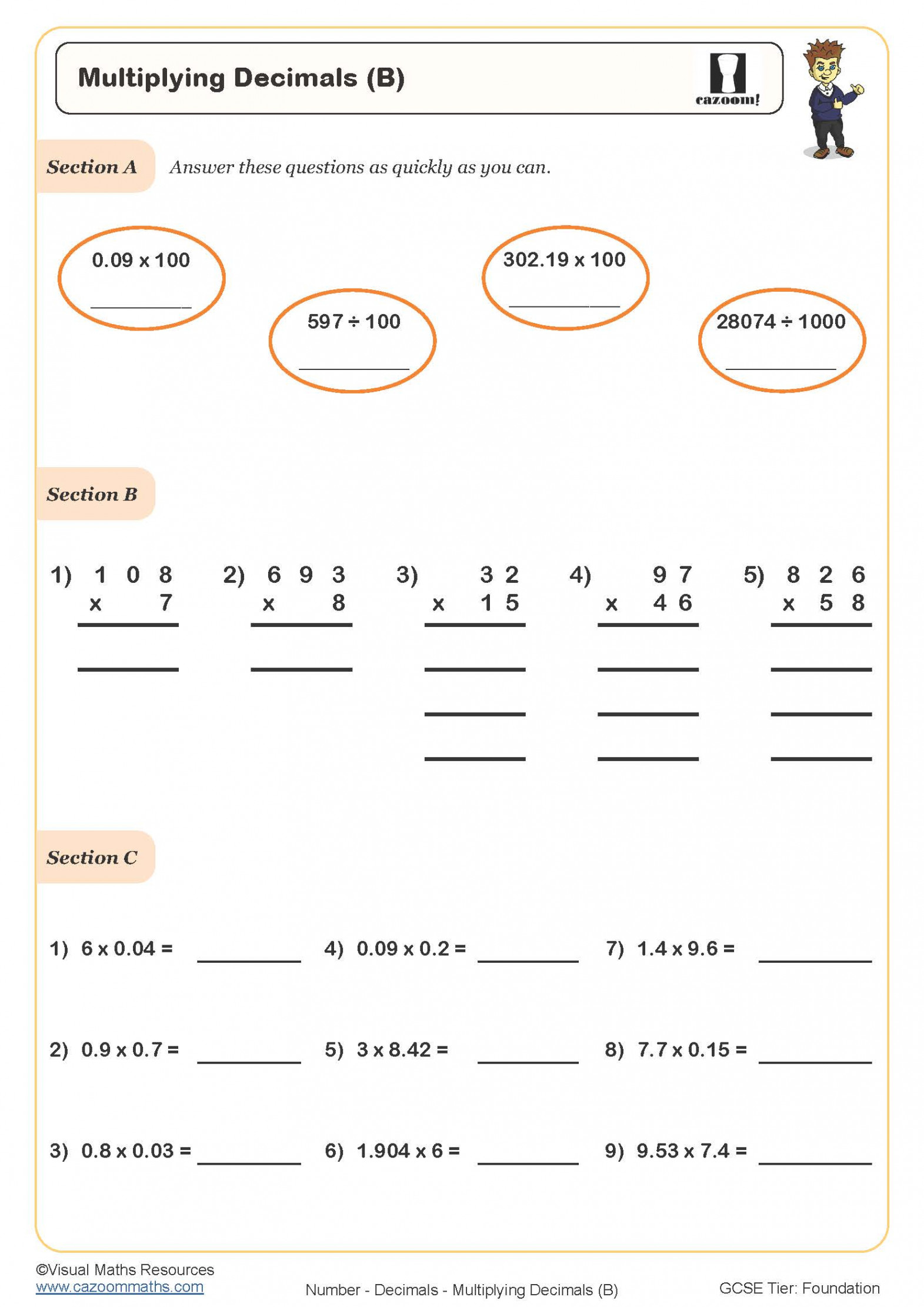 Multiplying Decimals  Printable PDF Decimals Worksheet