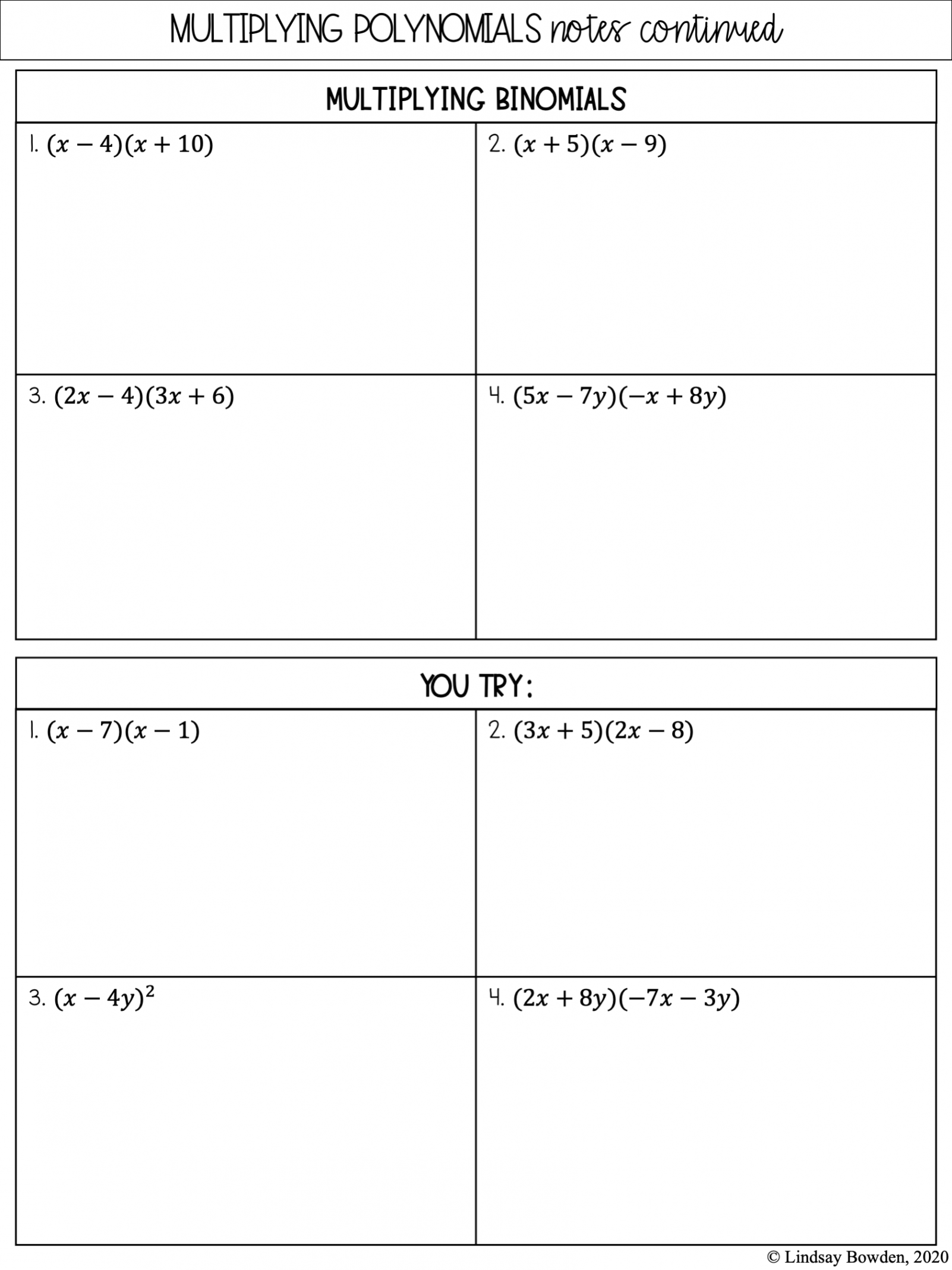 Multiplying Polynomials Notes and Worksheets - Lindsay Bowden