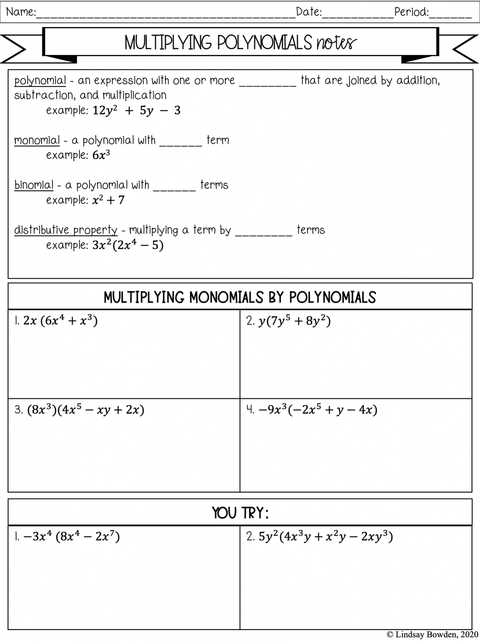 Multiplying Polynomials Notes and Worksheets - Lindsay Bowden