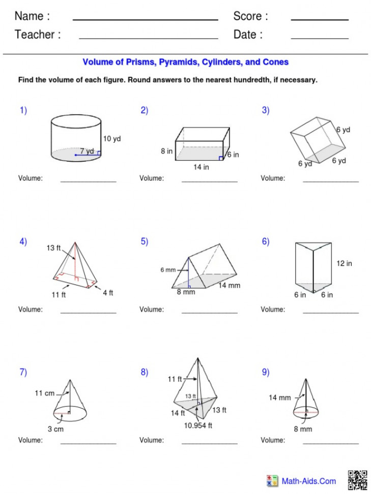 Name: Teacher: Date: Score:: Volume of Prisms, Pyramids, Cylinders