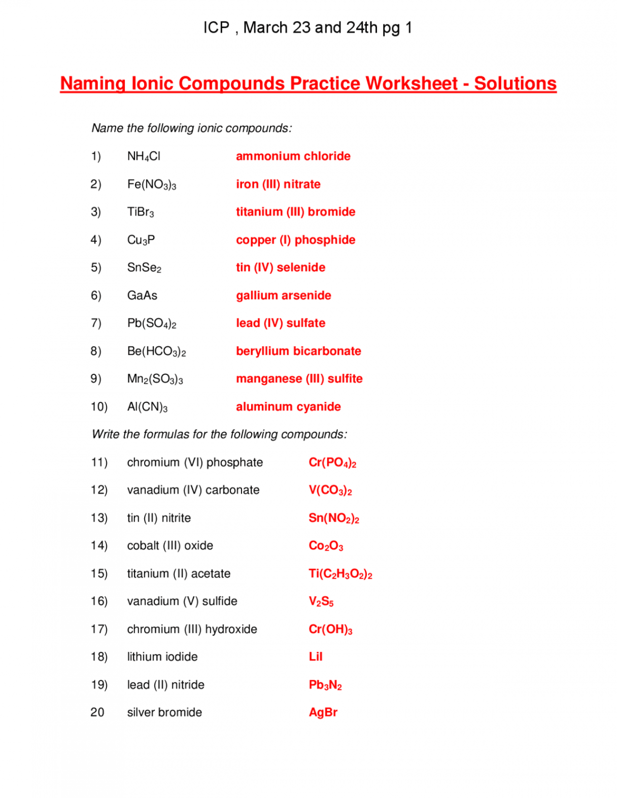 Naming Ionic Compounds Practice Worksheet  Lecture notes