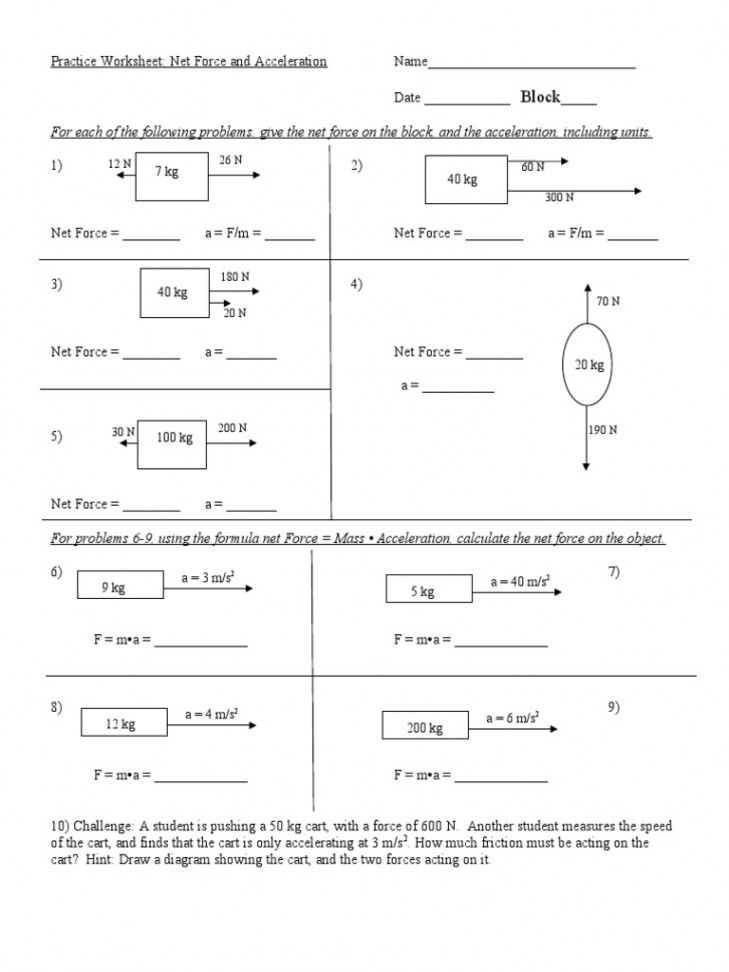 Net Force and Acceleration Practice Worksheet  PDF  Force