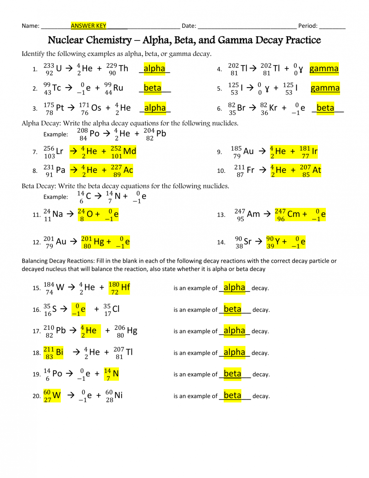 Nuclear Chemistry Practice / Sheet