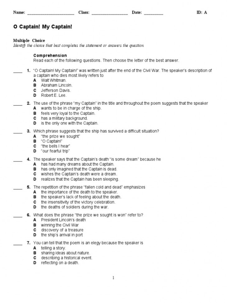 O Captain My Captain Comprehension  PDF  Confederate States Army