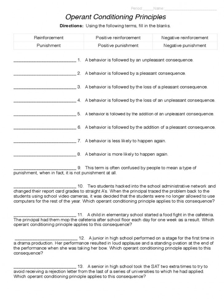 Operant Conditioning Worksheet  PDF  Punishments  Reinforcement