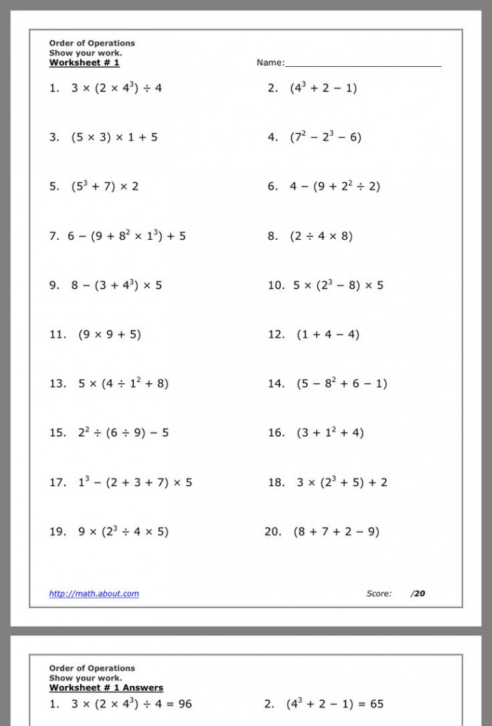 Order of Operations Worksheet  Act math, Algebra worksheets