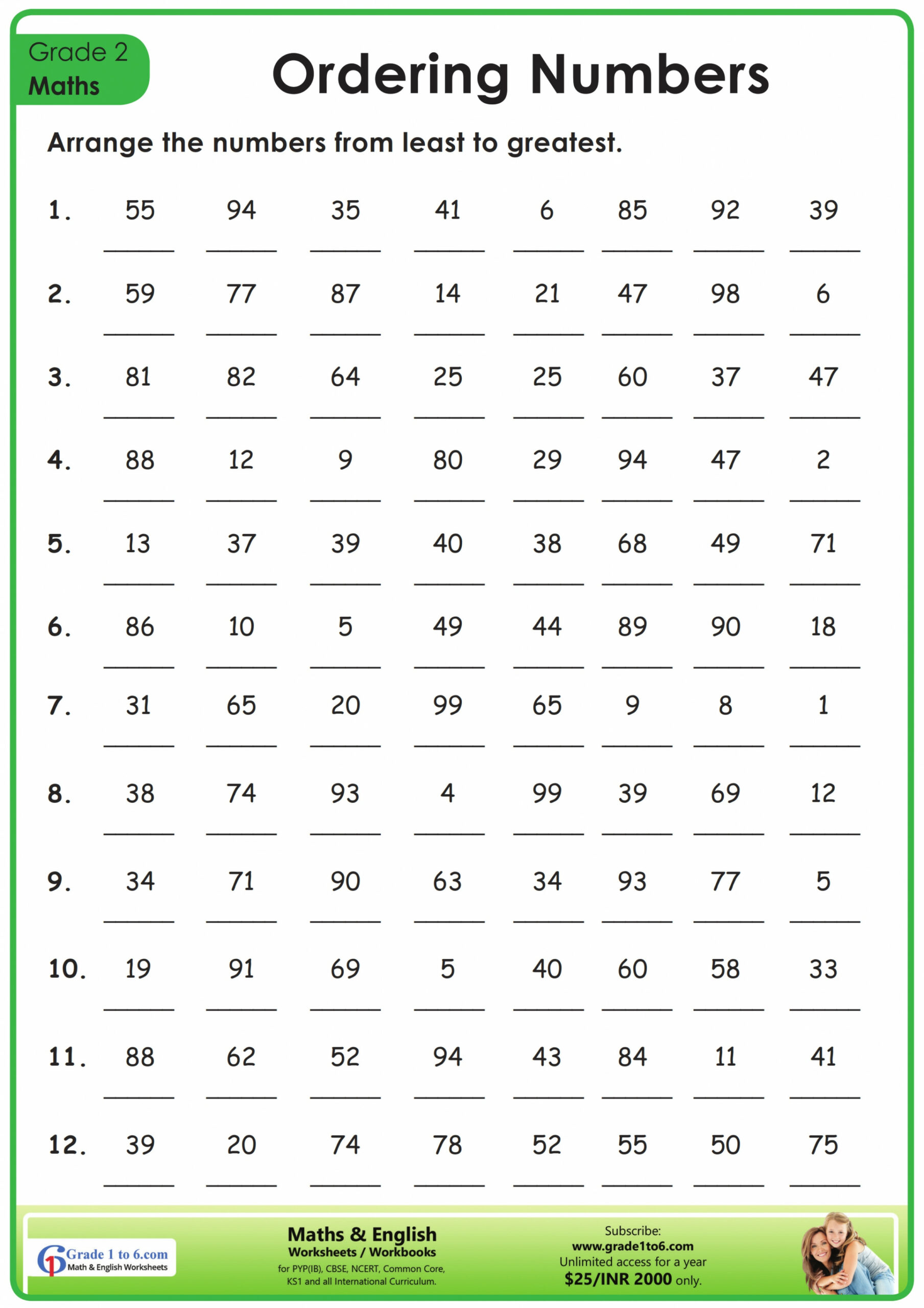 Ordering Numbers Worksheets up to   Gradeto