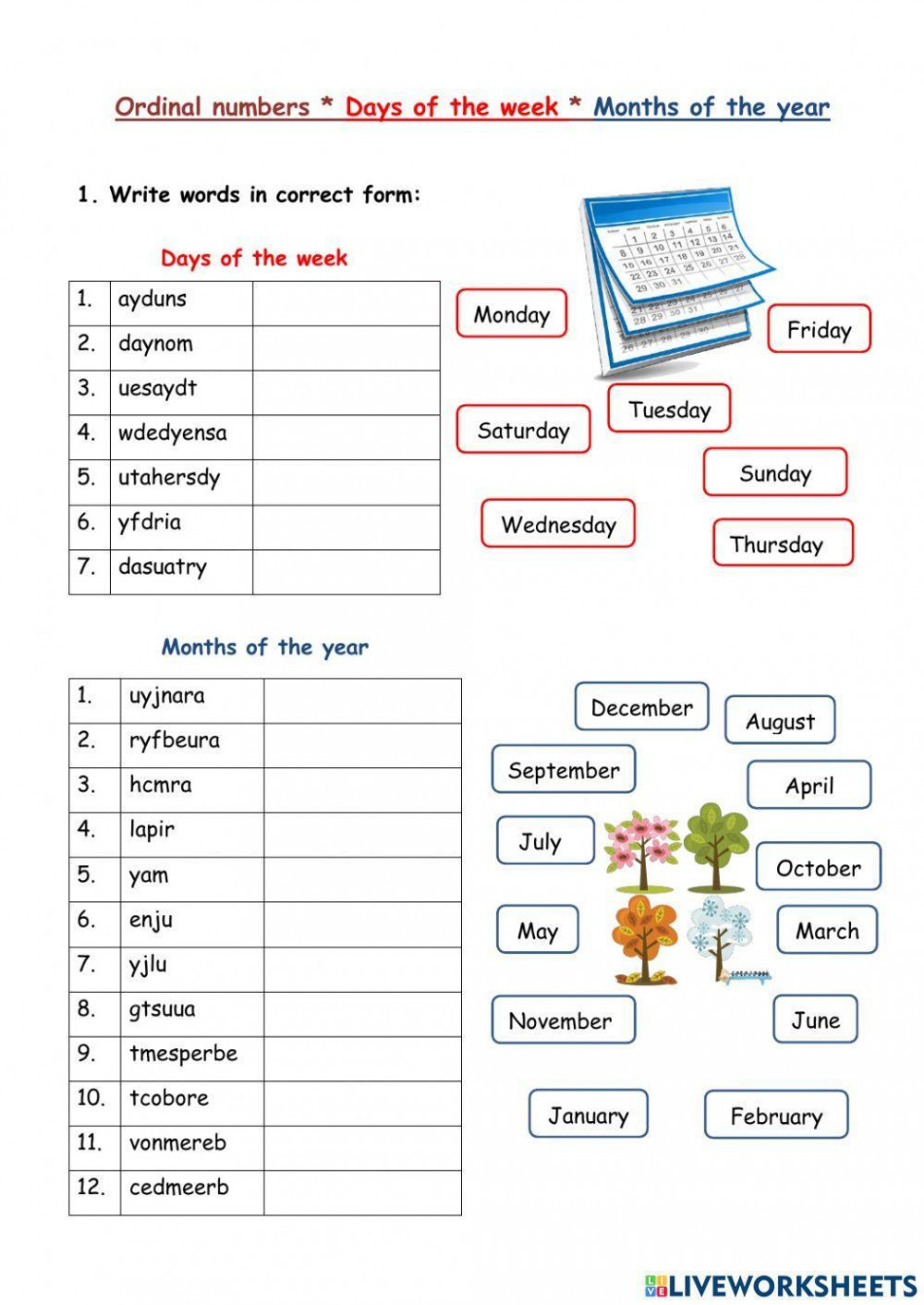 Ordinal numbers, days, months worksheet  Live Worksheets