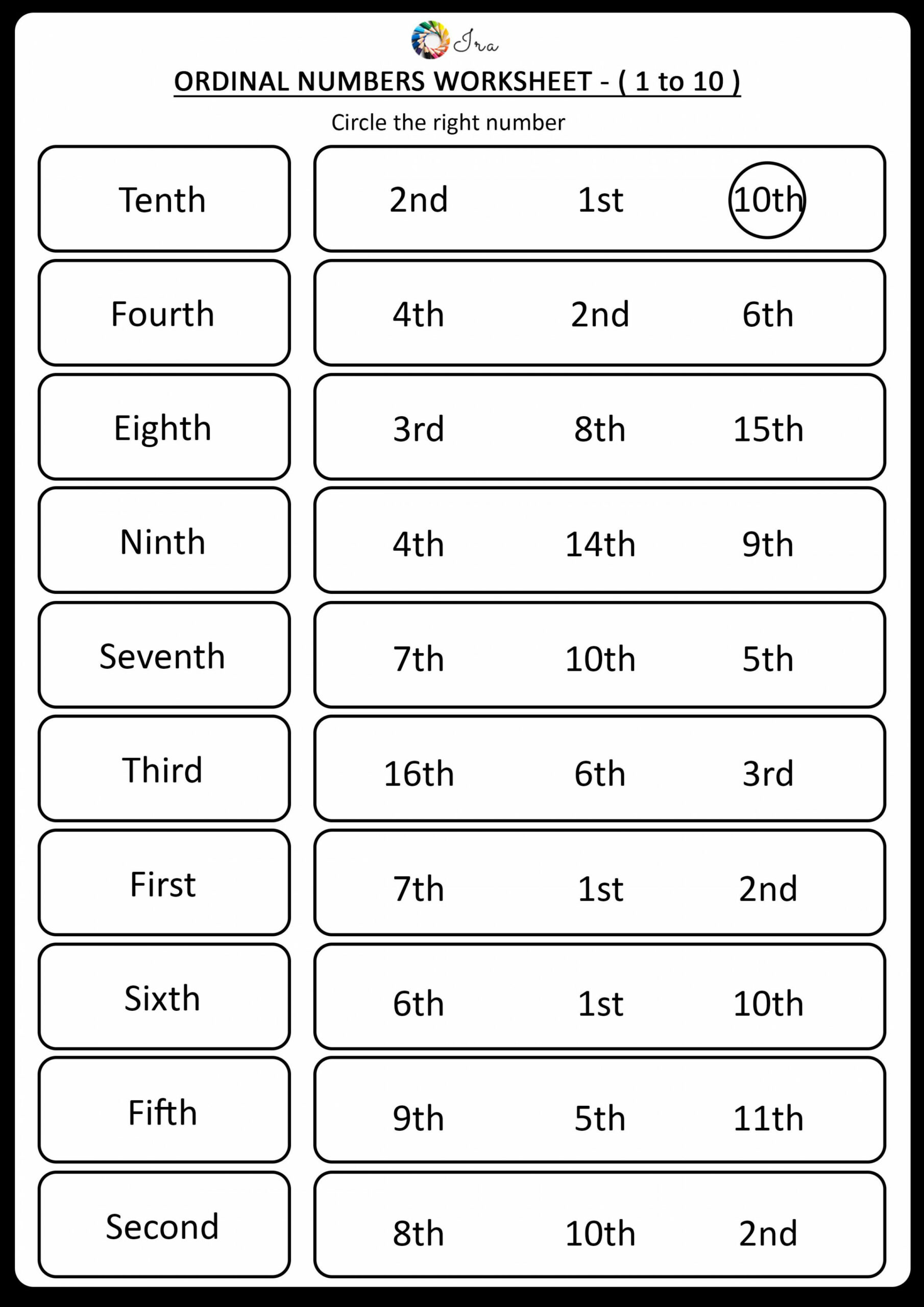 Ordinal Numbers Worksheet ( to 0)  Ordinal numbers, Number