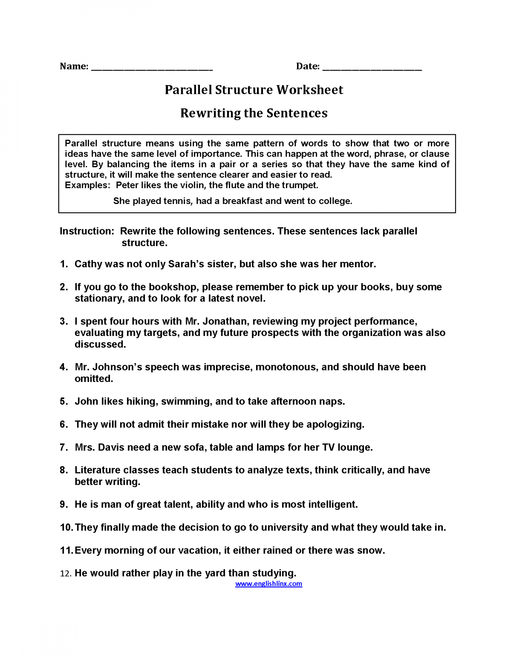 Parallel Structure Worksheets  Rewriting Sentences Parallel