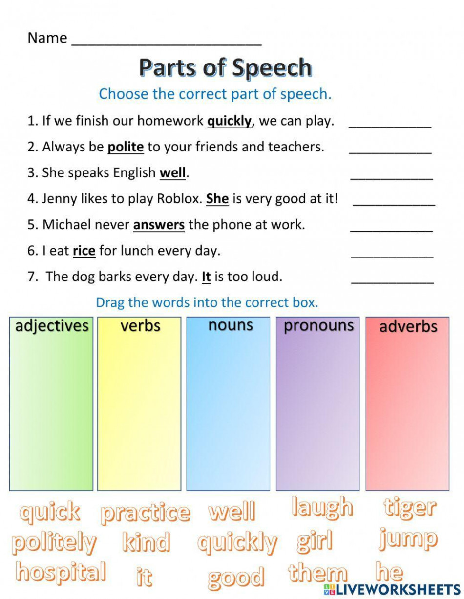 Parts of Speech online exercise for Grade   Live Worksheets