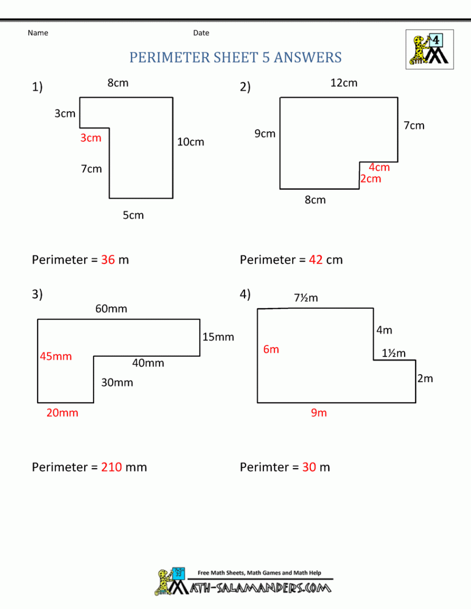 Perimeter Sheet  Answers  Area worksheets, Math worksheets, Word