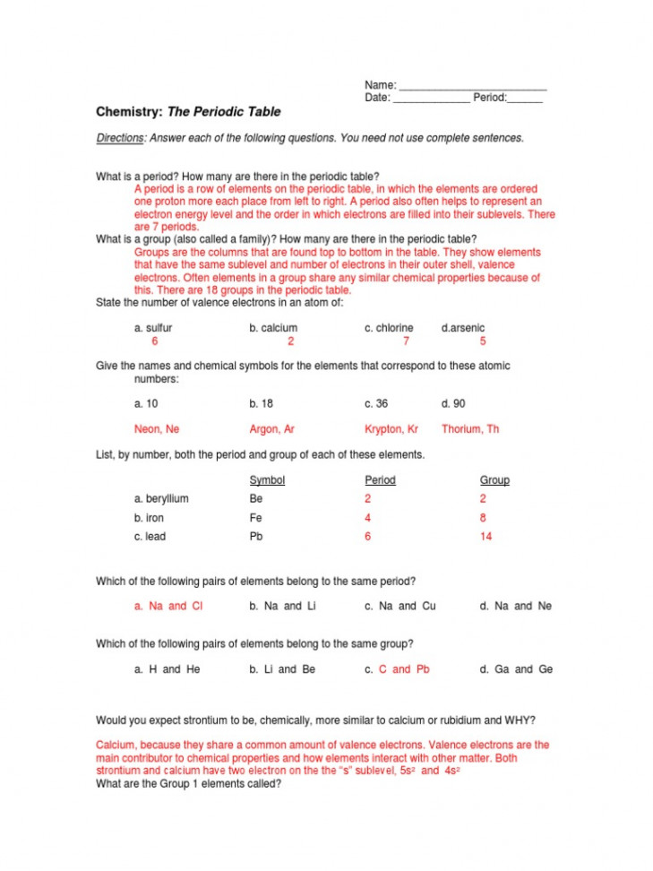 Periodic Table Trends Worksheet - Answers  PDF  Periodic Table