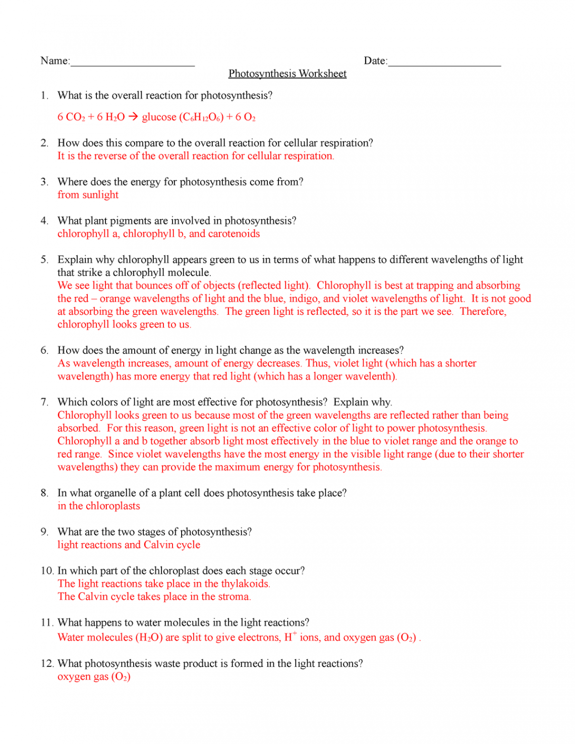 Photosynthesis Worksheet answers - Name: Date: - Studocu