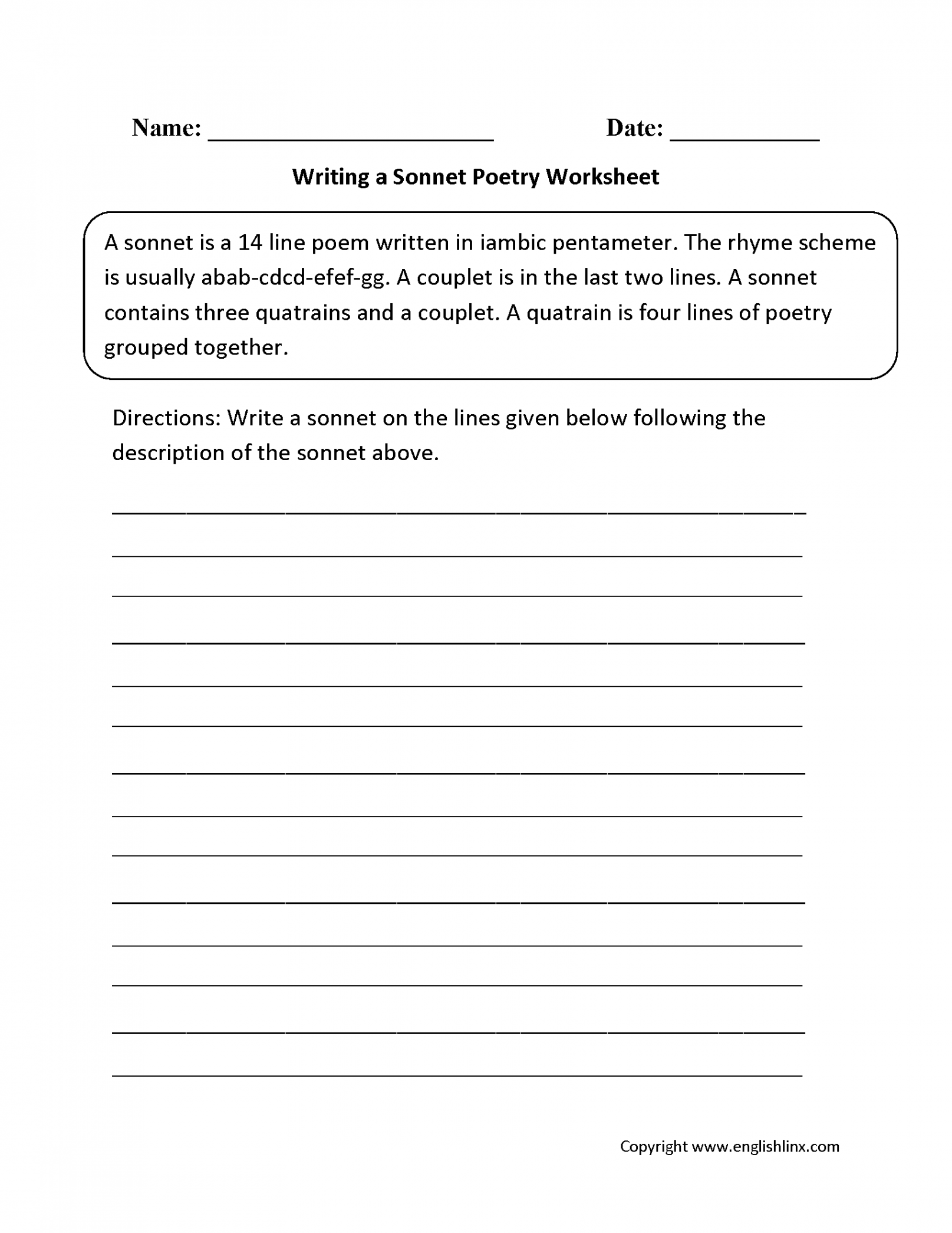 Poetry Worksheets  Writing Sonnet Poetry Worksheets